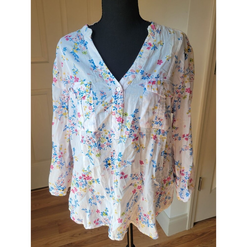 Eden & Olivia White Multicolor Floral V Neck Cotton Button Blouse Size L